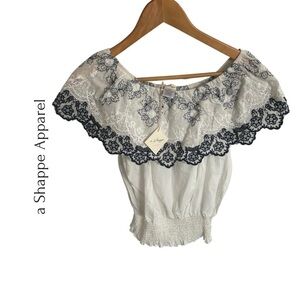 a Shappe| Off the Shoulder| White and Blue embroidered top| Medium/Large